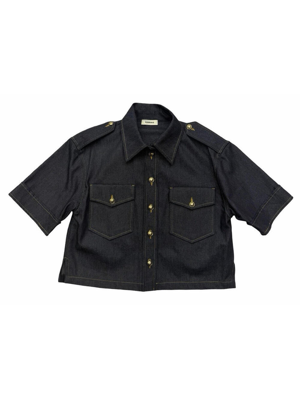 Sandro Cropped Denim Shirt Jacket Dark Wash Blue Size 0 | US 2 | XS